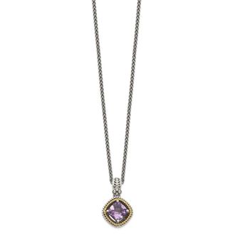 Diamond2Deal Sterling Silver with 14K Accent Cushion Amethyst Pendant Necklace