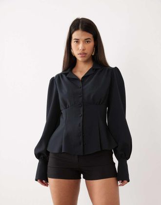 Daska blusa con scollo a V, vita stretta e maniche a palloncino nera-Nero