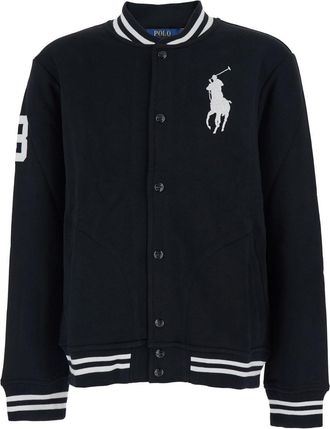 Ralph Lauren Black Jacket With Maxi Pony On The Front And Numerical Detail On The Sleeve In Cotton Blend Man