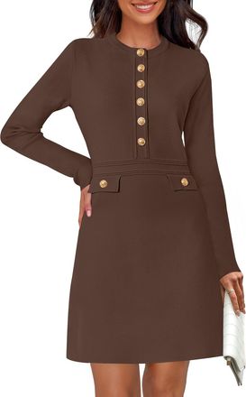 Merokeety Womens Fall 2025 Long Sleeve Bodycon Sweater Dress Button Crew Neck Winter Formal Mini Dresses, Dark Coffee, S