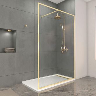 Aurlane Mampara De Ducha 140x200cm Acabado Oro Cepillado + Plato De Ducha Blanco Efecto Piedra 140x80x5cm