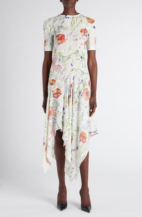 Alexander McQueen Floral Print Asymmetric Crepe Dress in White at Nordstrom, Size 10 Us