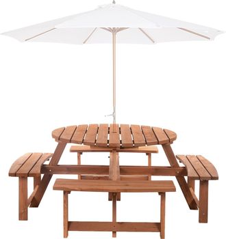 OUTSUNNY 8 Seat Garden Outdoor Wooden Round Picnic Table Bench w/ Parasol Hold