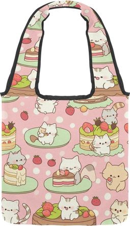 Generic Cute Cartoon Kitten Reversible Canvas Shoulder Tote - Double-Sided Print, 12oz Cotton, 27cm Drop, Fold-Flat Bag for Travel, Shopping, Street Outings