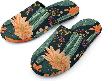 Generic Cactus Floral Plants Cotton Slippers for Men Memory Foam House Slippers Soft Anti-skid Sole Indoor Outdoor Shoes