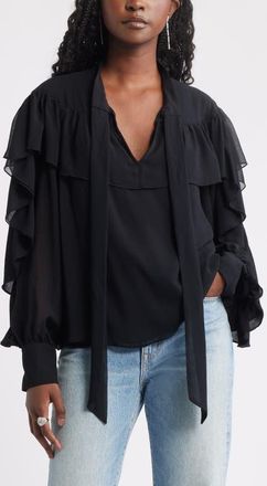 Treasure & Bond Tie Neck Ruffle Chiffon Top in Black at Nordstrom, Size Xx-Large
