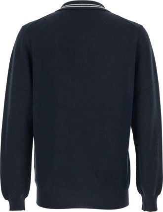 Autry Mens Blue Long-Sleeve Polo Shirt With Striped Collar Wool And Cotton Blend T-Shirts Polos