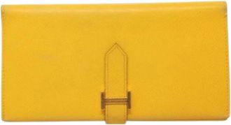 Herm&egrave;s Pre-owned Bearn Portemonnee - Dames - Vintage Accessoires - Geel - ONE Size - Leer - Vintage