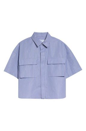 sacai Pleat Back Crop Poplin Button-Up Shirt in Light Blue Stripe at Nordstrom, Size 1