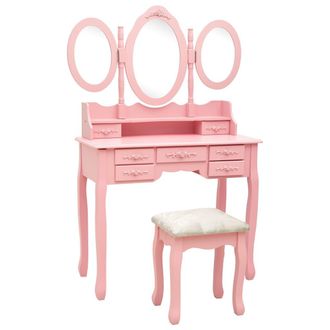 vidaXL Tavolo Da Trucco Con Sgabello E Specchio Pieghevole In 3 Rosa - Vidaxl