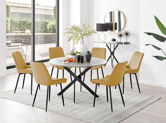 Furniturebox Novara Grey Concrete Effect Black Leg 120cm Round Dining Table & 6 Pesaro Black Leg Chairs in Mustard