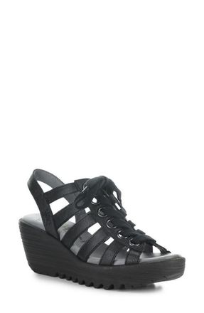 FLY London Litu Strappy Platform Wedge Sandal in Black at Nordstrom, Size 10-10.5Us