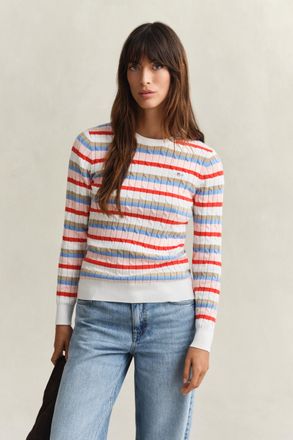GANT Women Striped Cable Knit Crew Neck Sweater (XXL) MULTICOLOR