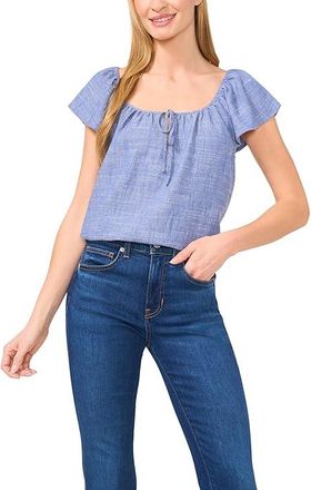CeCe by Cynthia Steffe Flutter Sleeve Tie Front Top Womens Clothing Indigo Wash : SM, Linen/Polyester/Rayon