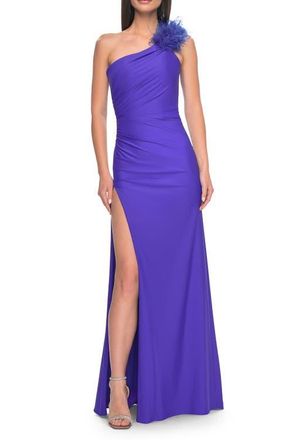 La Femme One Shoulder Jersey Gown with Feather Detail in Royal Blue at Nordstrom, Size 12