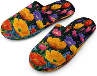 Generic Colored Flowers Mens Cozy Memory Foam Slippers Warm Cotton House Shoes Comfy Slipper for Indoor Outdoor