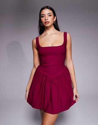 Vesper Vestito corto stile skater in bengalina color mora con scollo squadrato-Rosa