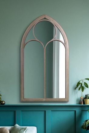 MirrorOutlet Rustic Metal Chapel Arched Wall Mirror Stone Colour (111CM X 61CM) in Beige | Size: 1 Pack