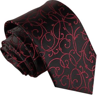 DQT Swirl Floral Patterned Wedding Classic Neck Tie for Men - Black and Burgundy
