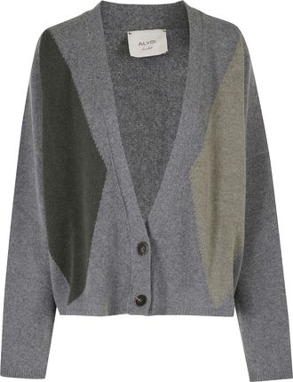 Alysi Gray Fancy Knit Rombi Diamond-Pattern Wool-Blend Cardigan