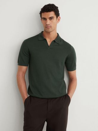 Reiss Dark Green Merino Wool Open-collar Polo Shirt, XS