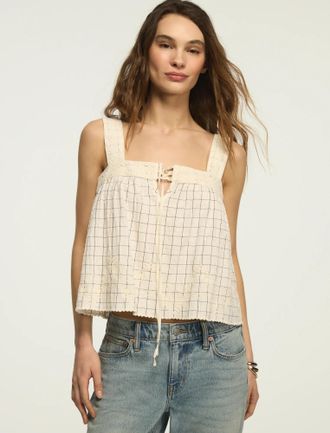 Lucky Brand Womens Check Embroidered Swing Tank