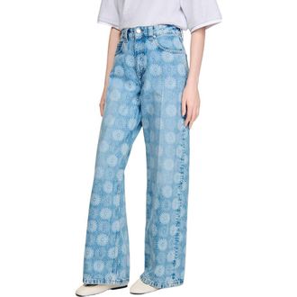 Sandro Wide-leg floral print jeans in Blue Jean at Nordstrom, Size 38 Eu