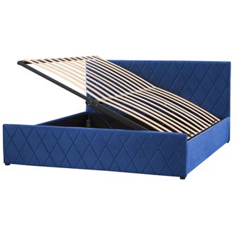 Beliani Cama Con Somier De Terciopelo Azul Marino 180 X 200 Cm Almacenaje Cabecero Rochefort