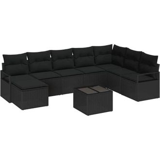 vidaXL Juego De Sof&aacute; Con Coj&iacute;n 9 Pcs Negro Rat&aacute;n Sint&eacute;tico