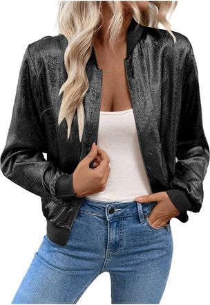 Generic Mrat Womens Bomber Jackets Sparkly Flight Jackets Long Sleeve Zip Up Coats Ladies Lightweight Biker Jacket Glitter Club Party Festival Baseball Jacket