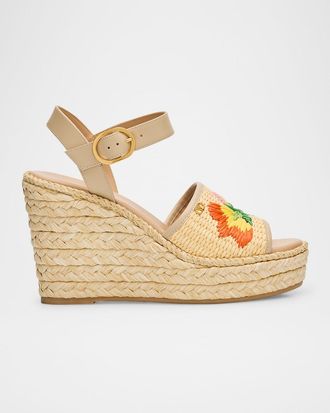 Valentino Garavani Bribri Raffia Flower Wedge Espadrille Sandals