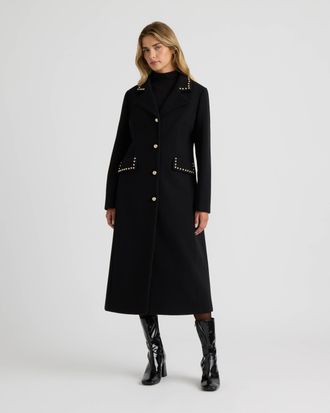 NVLT Womens Faux Wool Maxi Coat with Notch Collar and Studs