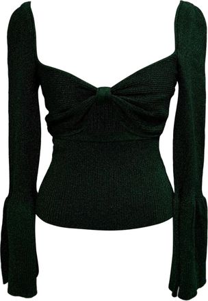 Self Portrait Lurex-Knit Bell-Sleeved Blouse in Olive Polyamide