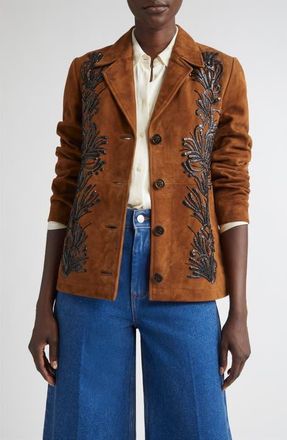St. John Ojai Sequin & Bead Embellished Suede Jacket in Toffee/Black at Nordstrom, Size X-Small