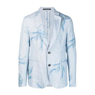 Emporio Armani Linnen blazer met grafische print - Heren - Jassen - Blauw - Maat: 2XL Linnen