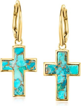 Ross-Simons Turquoise Cross Drop Earrings in 18kt Gold Over Sterling