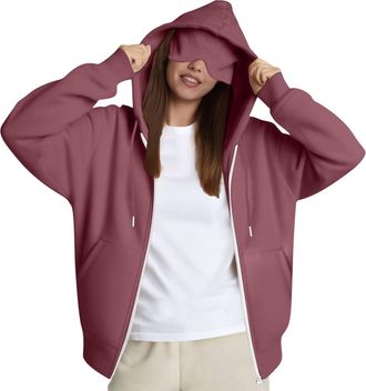 Generic Travel Hoodie With Eye Mask And Pockets Full Zip Hooded Sweatshirts Oversized Casual Jacket Office Sleep Fleece Cosy Warm Coats Long-distance Train, A
