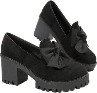 Generic Women Bowknot Loafers, Women Flannel Chunky Heel Bow High Heel, Elegant Round Toe Shoes for Business Office Work Everyday Wear (Black, Adult, Women, 5