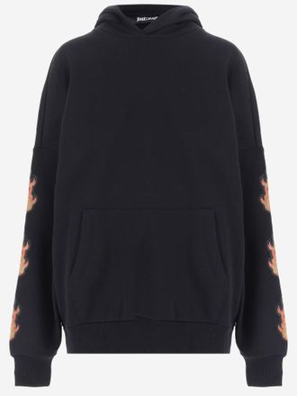 Just Cavalli Cotton Sweatshirt with Rhinestone Flame Detailing