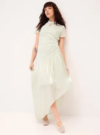Twik Womens Embroidered flowers buttoned collar maxi dress
