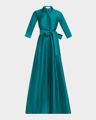 Teri Jon 3/4-Sleeve Taffeta Shirtdress Gown