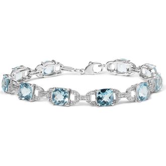 House of Brilliance Silver 7x7 mm Cushion Cut Blue Topaz and Diamond Accent Tennis Bracelet at Nordstrom