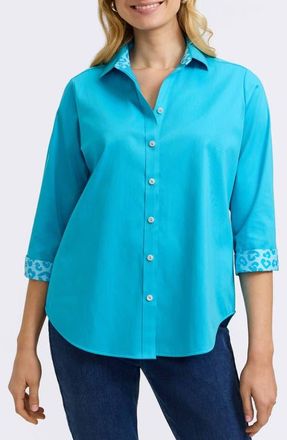 Foxcroft Margie Three-Quarter Sleeve Button-Up Shirt in Ibiza Turq at Nordstrom, Size X-Large