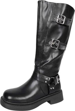Generic Biker Boots Women Wide Calf Casual Mid Calf Boot Square Toe Stylish Side Zipper Buckle Low Chunky Heel Classic Comfy Riding Boots Fall Winter