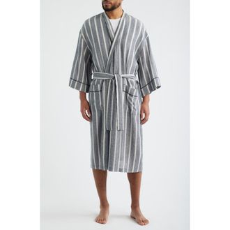 Majestic International Textured Retreat Stripe Shawl Collar Woven Cotton Robe in Navy/Beige at Nordstrom