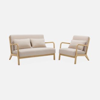 Sweeek Banqueta De 2 Plazas + Sill&oacute;n De Tela Beige Y Madera