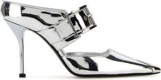 Alexander McQueen Punk 90mm buckled metallic mules - women - Calf Leather/Calf Leather/Patent Calf Leather/Rubber - 39.5 - Silver