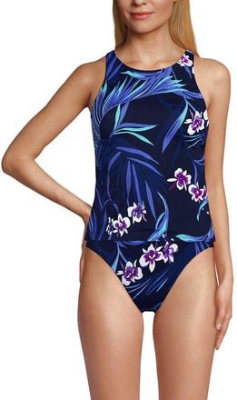 Lands End Tugless High Neck Strappy Back Tankini Swimsuit Top in Deep Sea Navy Tropical Floral at Nordstrom, Size 10P