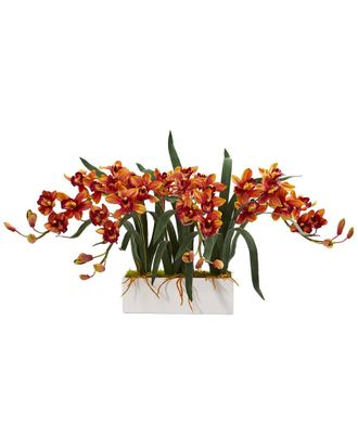 Nearly Natural Cymbidium Artificial Arrangement In White Vase