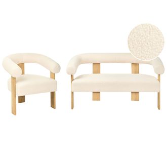 Beliani Conjunto De Sala De Estar Retro Sof&aacute; 2 Plazas Sill&oacute;n Tapizado De Boucl&eacute; Patas De Madera Blanco Crema Y Marr&oacute;n Claro Ilbro